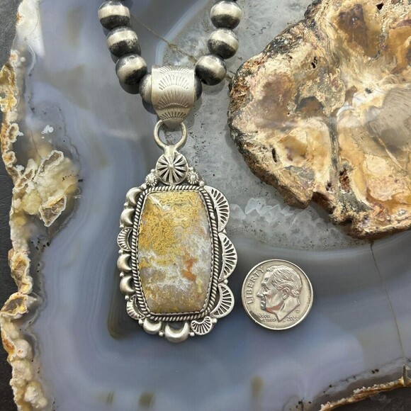 Sterling Southwestern Style Rectangle Petrified Plume Agate Decorated Pendant - Picture 8 of 10